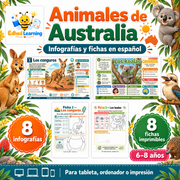 Animales de Australia: curso en español con 8 infografías y 8 fichas para niños de 6 a 8 años.