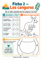 Ficha de los canguros con verdadero o falso, dibujo para colorear y bolsa para dibujar una cría.