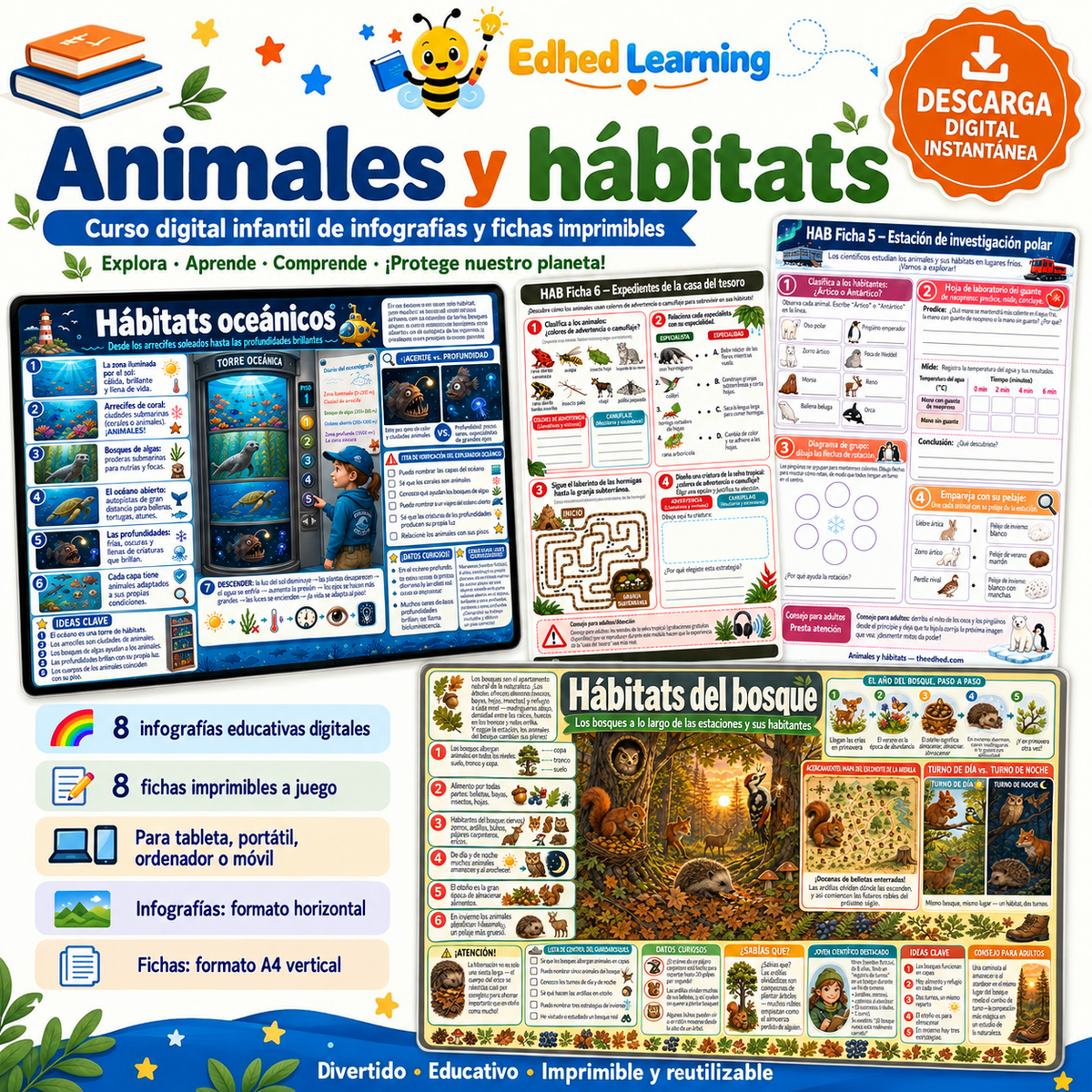 Animales y hábitats: 8 infografías y 8 fichas imprimibles en español