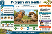 Infografía Picos para abrir semillas con un pinzón, un gorrión y ejemplos de picos cortos y fuertes.