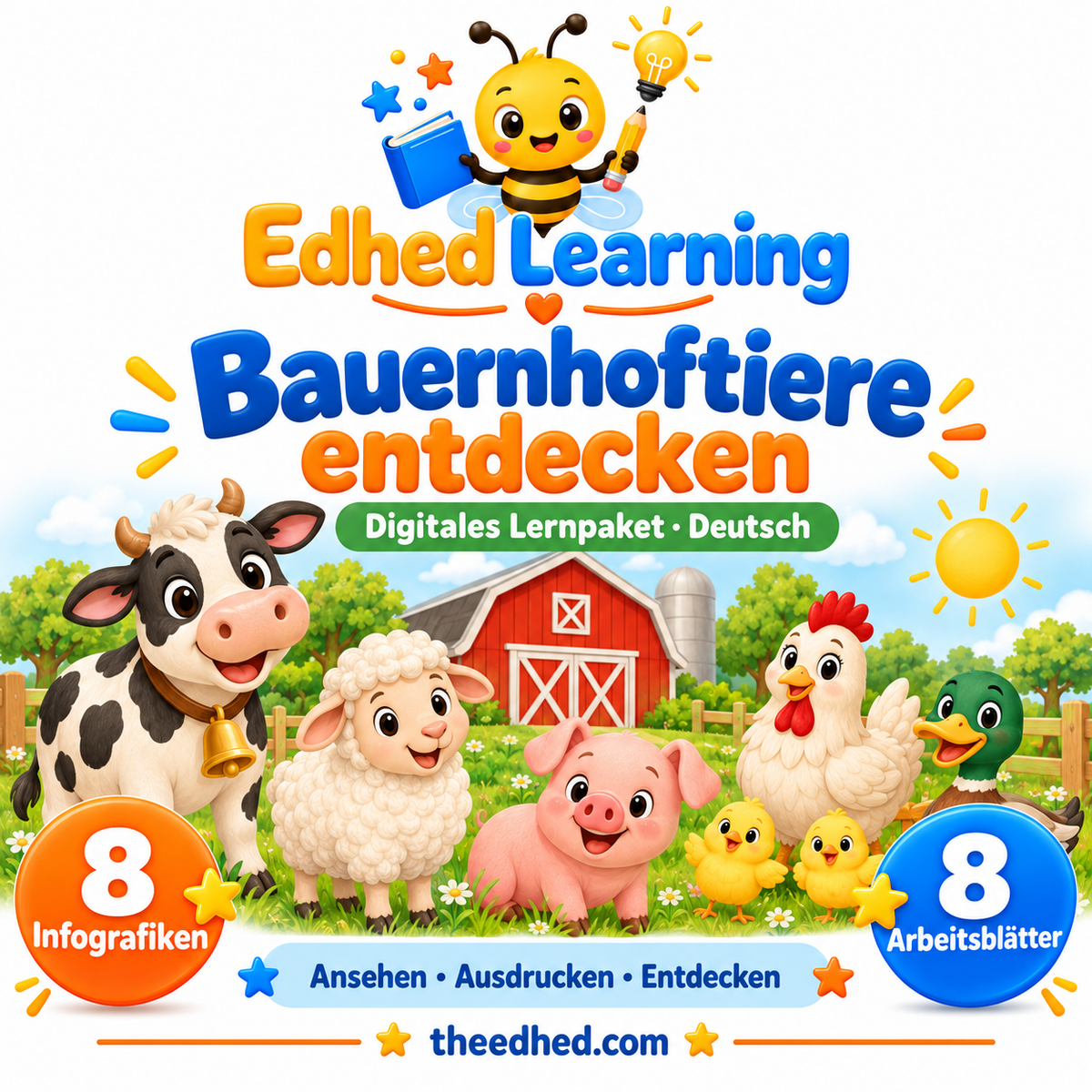 Edhed Learning Lernpaket Bauernhoftiere entdecken mit 8 Infografiken und 8 Arbeitsblättern
