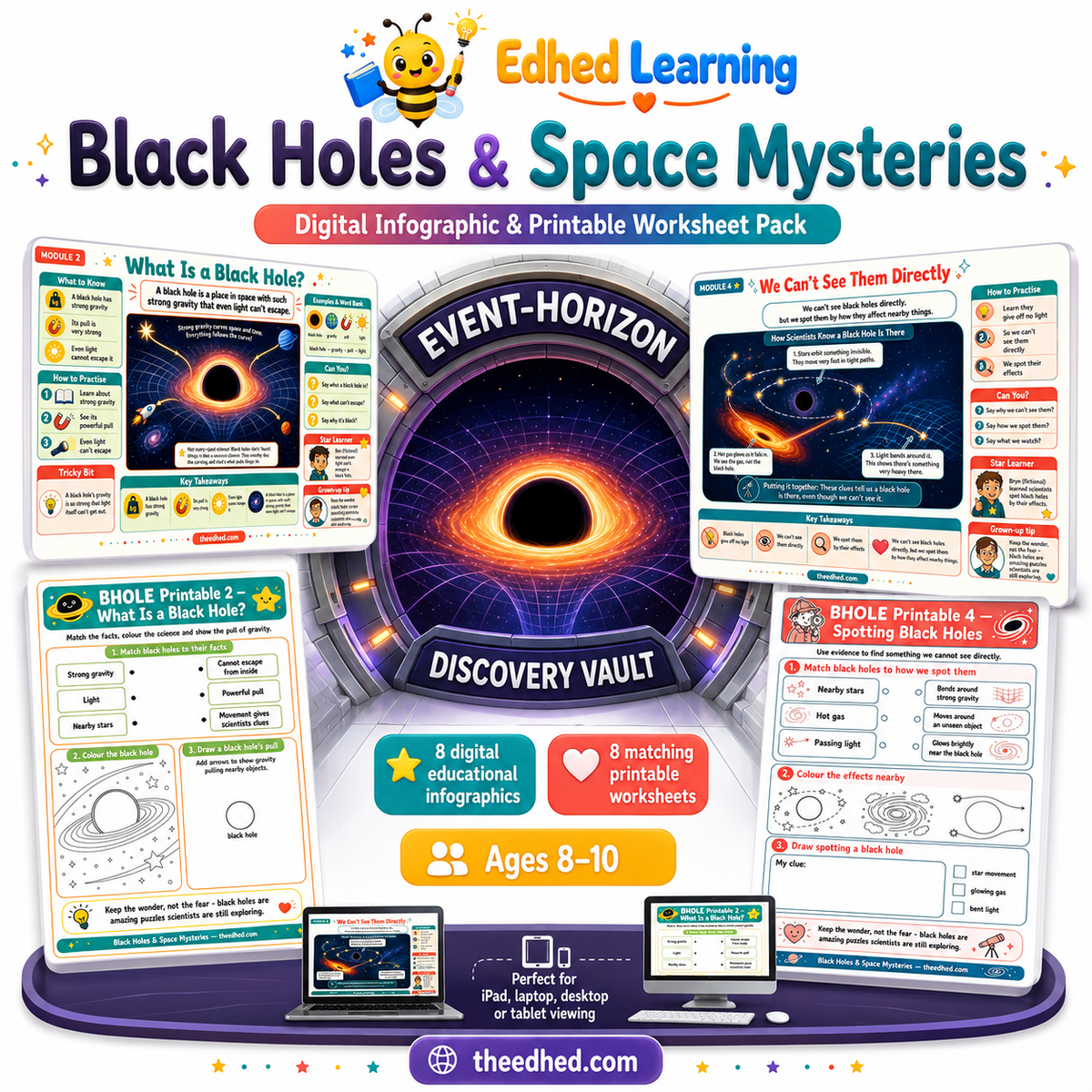Black Holes & Space Mysteries digital course and printable worksheet pack for ages 8-10