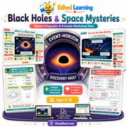 Black Holes & Space Mysteries digital course and printable worksheet pack for ages 8-10