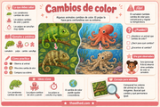 Infografía en español sobre cambios de color en animales, con un camaleón y un pulpo.