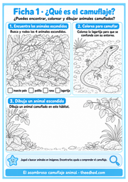 Ficha imprimible en español para buscar, rodear y colorear animales que se camuflan.