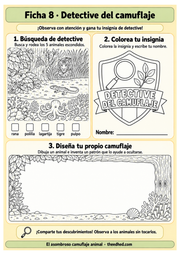 Ficha Detective del camuflaje: cinco animales escondidos, una insignia para colorear y espacio para diseñar un camuflaje.