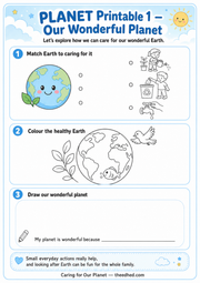 Our Wonderful Planet printable activity worksheet for ages 6 to 8