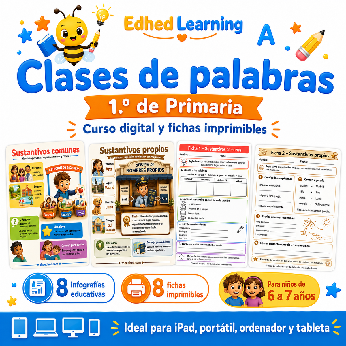 Curso de clases de palabras de 1.º de Primaria con 8 infografías y 8 fichas imprimibles