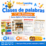 Curso de clases de palabras de 1.º de Primaria con 8 infografías y 8 fichas imprimibles