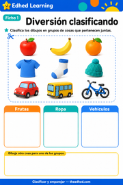 Ficha imprimible en español con actividades de clasificación para niños