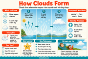 How Clouds Form kids infographic showing water vapour rising, cooling and forming tiny droplets