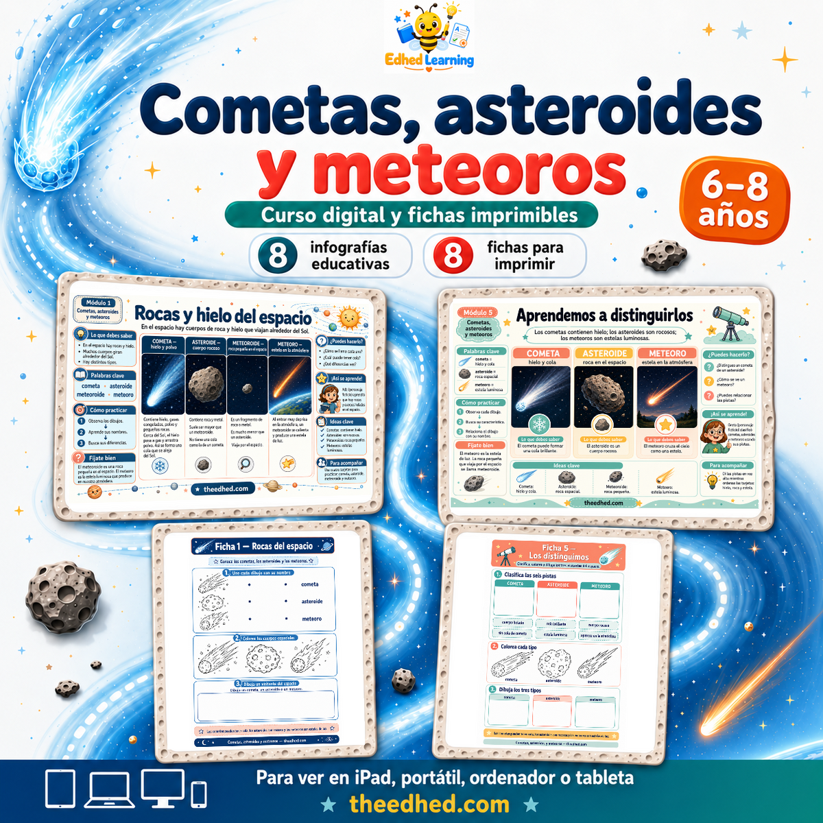 Curso Cometas, asteroides y meteoros en español con vistas de dos infografías y dos fichas para niños de 6 a 8 años.