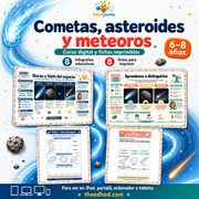 Curso Cometas, asteroides y meteoros en español con vistas de dos infografías y dos fichas para niños de 6 a 8 años.
