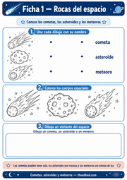 Ficha Rocas del espacio con actividades para unir nombres, colorear y dibujar un cometa, un asteroide o un meteoro.