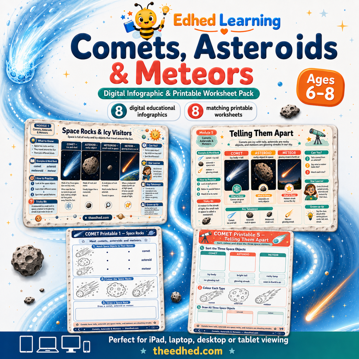 Comets Asteroids and Meteors digital course pack with 8 infographics and 8 printable worksheets