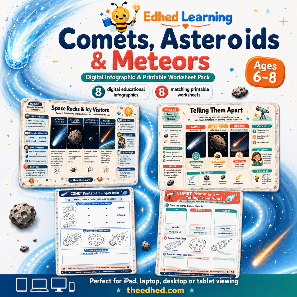 Comets Asteroids and Meteors digital course pack with 8 infographics and 8 printable worksheets