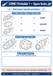 Space Rocks printable worksheet with matching colouring and drawing activities