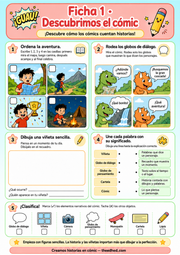 Ficha Descubrimos el cómic con actividades para ordenar, reconocer globos, dibujar y relacionar conceptos.