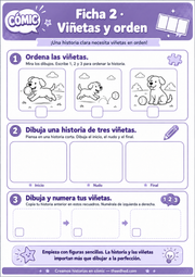 Ficha Viñetas y orden con una historia de un perro y recuadros para dibujar una secuencia.