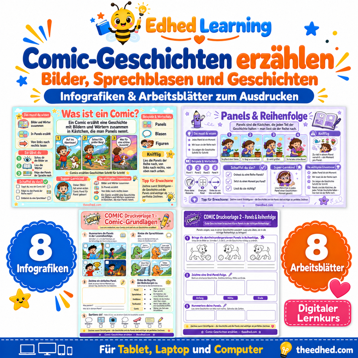 Comic-Geschichten erzählen: digitales Lernpaket von Edhed Learning mit 8 Infografiken und 8 Arbeitsblättern
