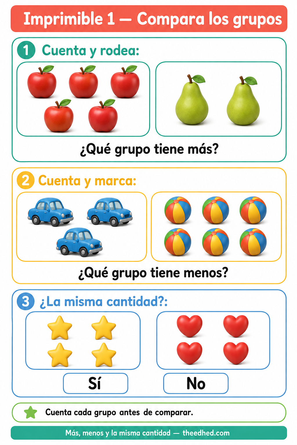 Ficha imprimible en español Compara los grupos para matemáticas tempranas