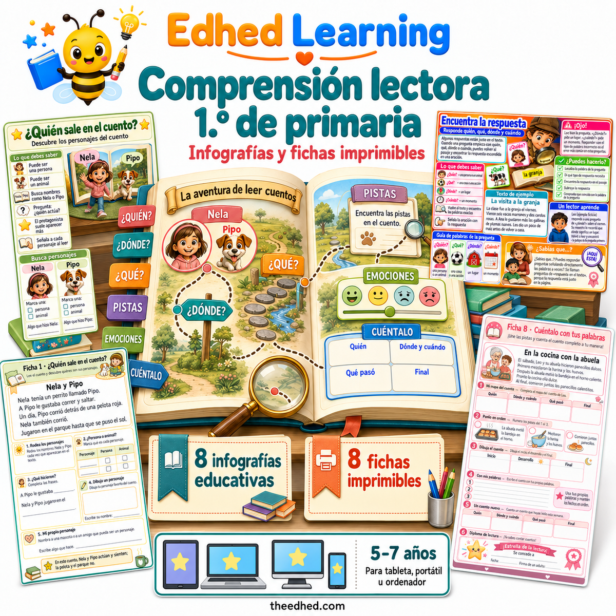 Curso de comprensión lectora para 1.º de primaria en español, con el logo de Edhed Learning, un libro ilustrado y vistas de las ocho infografías y ocho fichas.