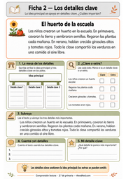 Ficha A4 en español para distinguir detalles clave y extras en el texto El huerto de la escuela.