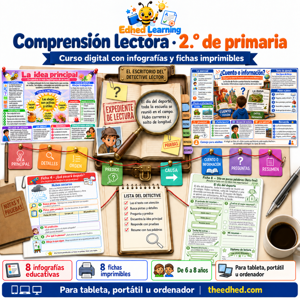 Curso de comprensión lectora de 2.º de primaria en español con 8 infografías y 8 fichas para 6 a 8 años.