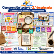 Curso de comprensión lectora de 2.º de primaria en español con 8 infografías y 8 fichas para 6 a 8 años.