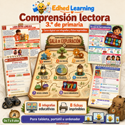 Curso de comprensión lectora en español para 3.º de primaria de Edhed Learning, con mapa de ocho estrategias y vistas de dos infografías y dos fichas.