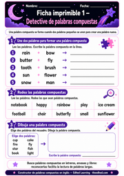 Ficha imprimible en español para reconocer palabras compuestas en inglés.