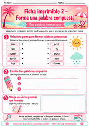 Ficha imprimible en español para formar palabras compuestas en inglés.