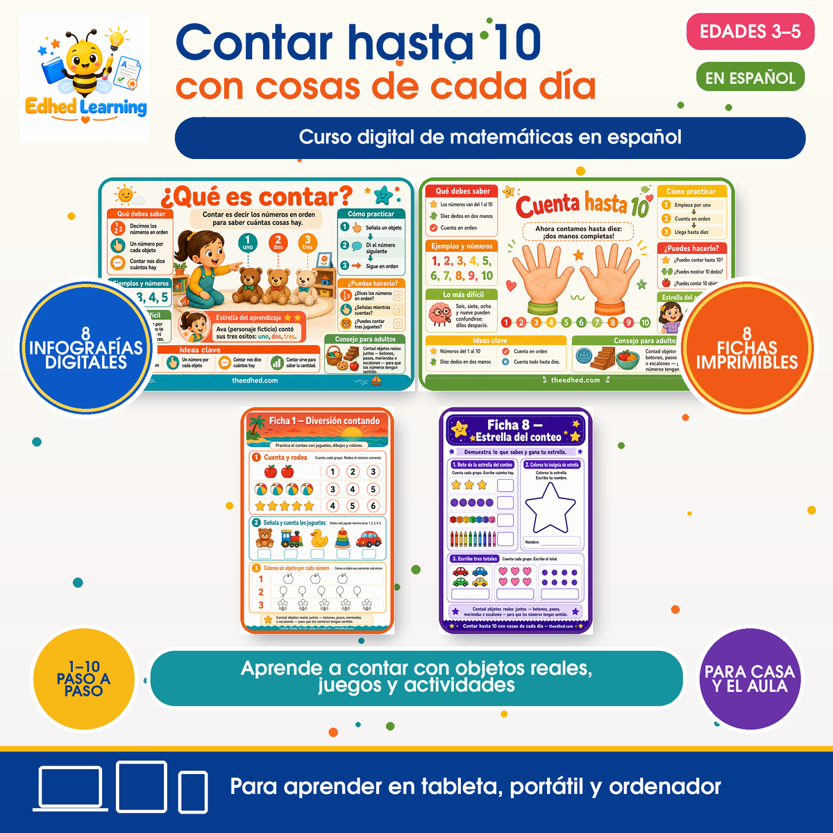 Portada del curso Contar hasta 10 con cosas de cada día, con 8 infografías y 8 fichas imprimibles