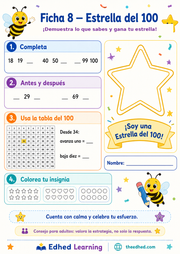 Ficha imprimible Estrella del 100 con actividades de repaso y certificado