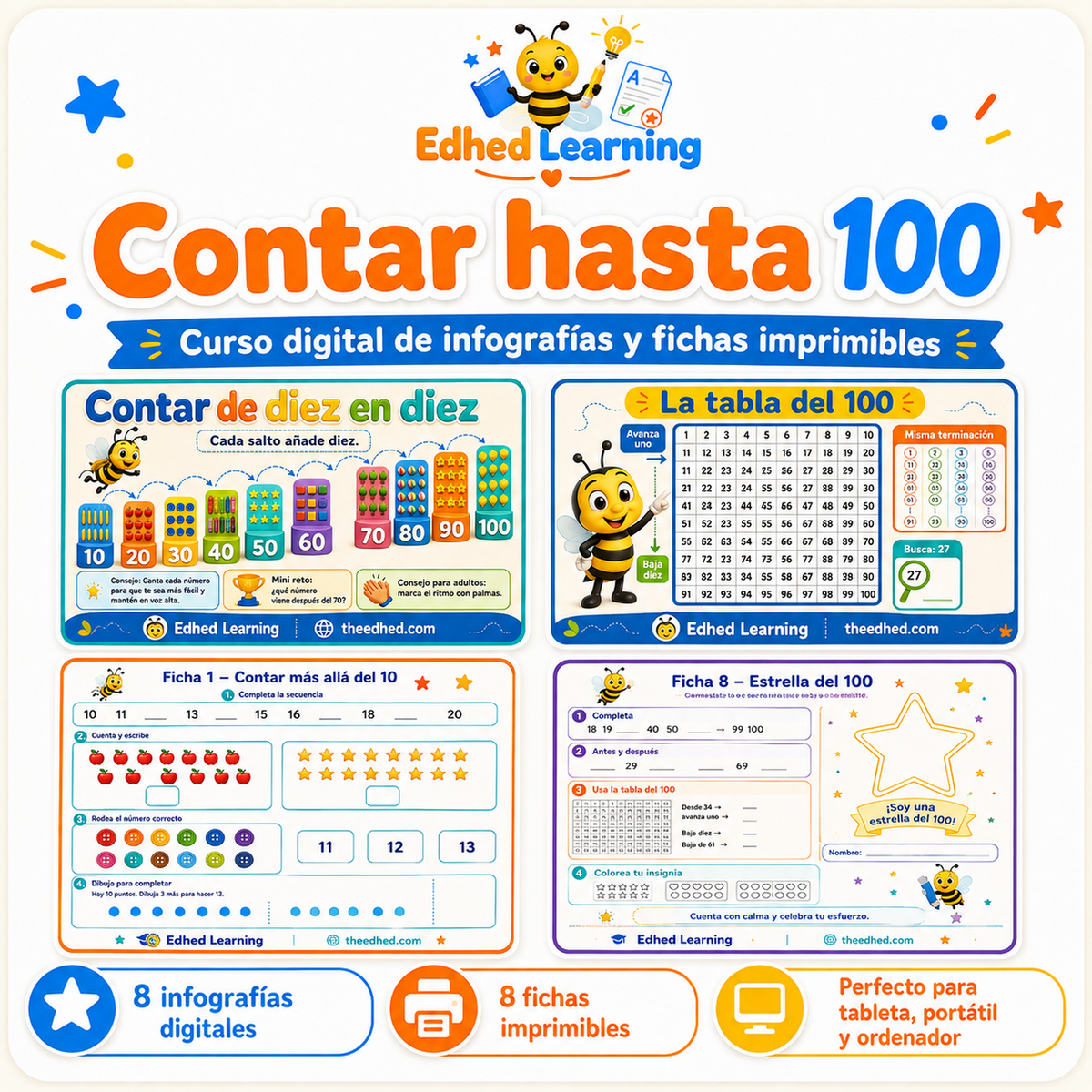 Portada de Contar hasta 100 con 8 infografías digitales y 8 fichas imprimibles en español