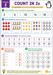Counting in 2s printable worksheet with tracing and matching activities