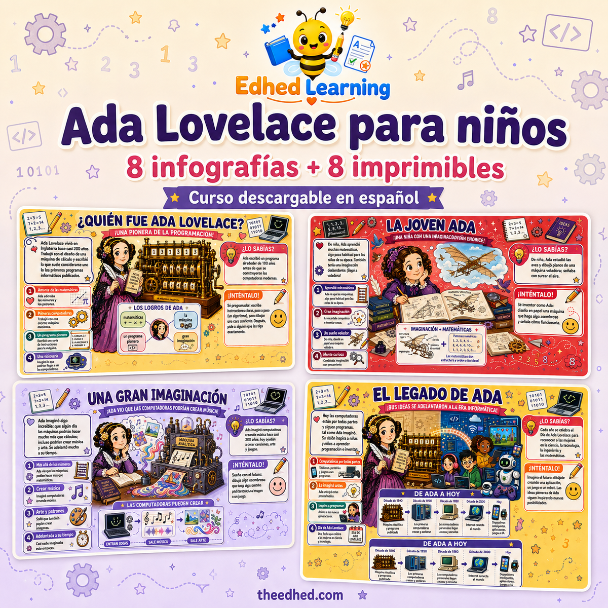 Curso digital Ada Lovelace para niños con 8 infografías y 8 fichas imprimibles A4