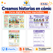 Creamos historias en cómic de Edhed Learning: curso en español con 8 infografías y 8 fichas para niños de 6 a 8 años.
