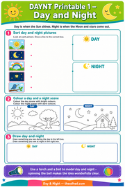 Day and Night printable worksheet with sorting, colouring and drawing activities