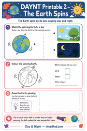 The Earth Spins printable worksheet with matching, colouring and drawing activities
