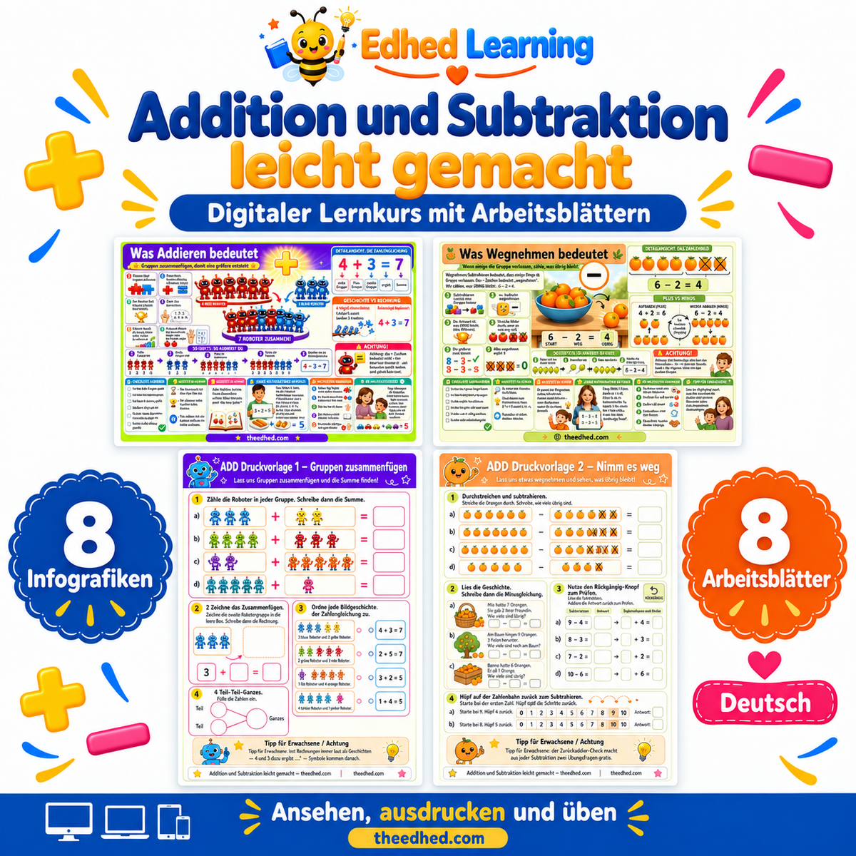 Addition und Subtraktion leicht gemacht: Edhed Learning Titelbild mit vier Materialvorschauen