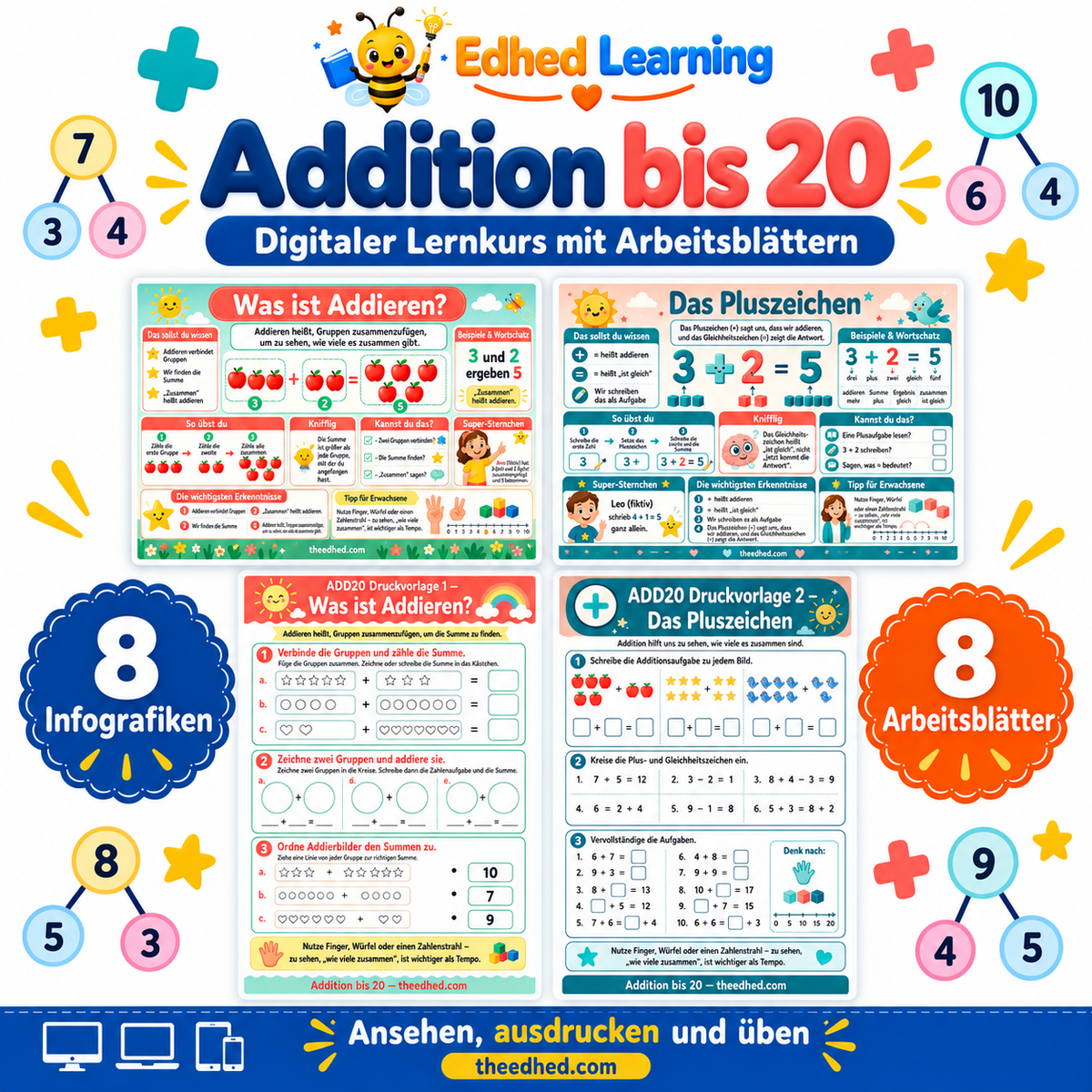 Addition bis 20: Edhed Learning Titelbild mit vier Materialvorschauen