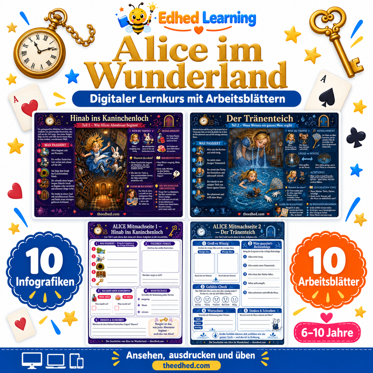 Alice im Wunderland: Lernkurs für Kinder: Edhed Learning Titelbild mit vier Materialvorschauen