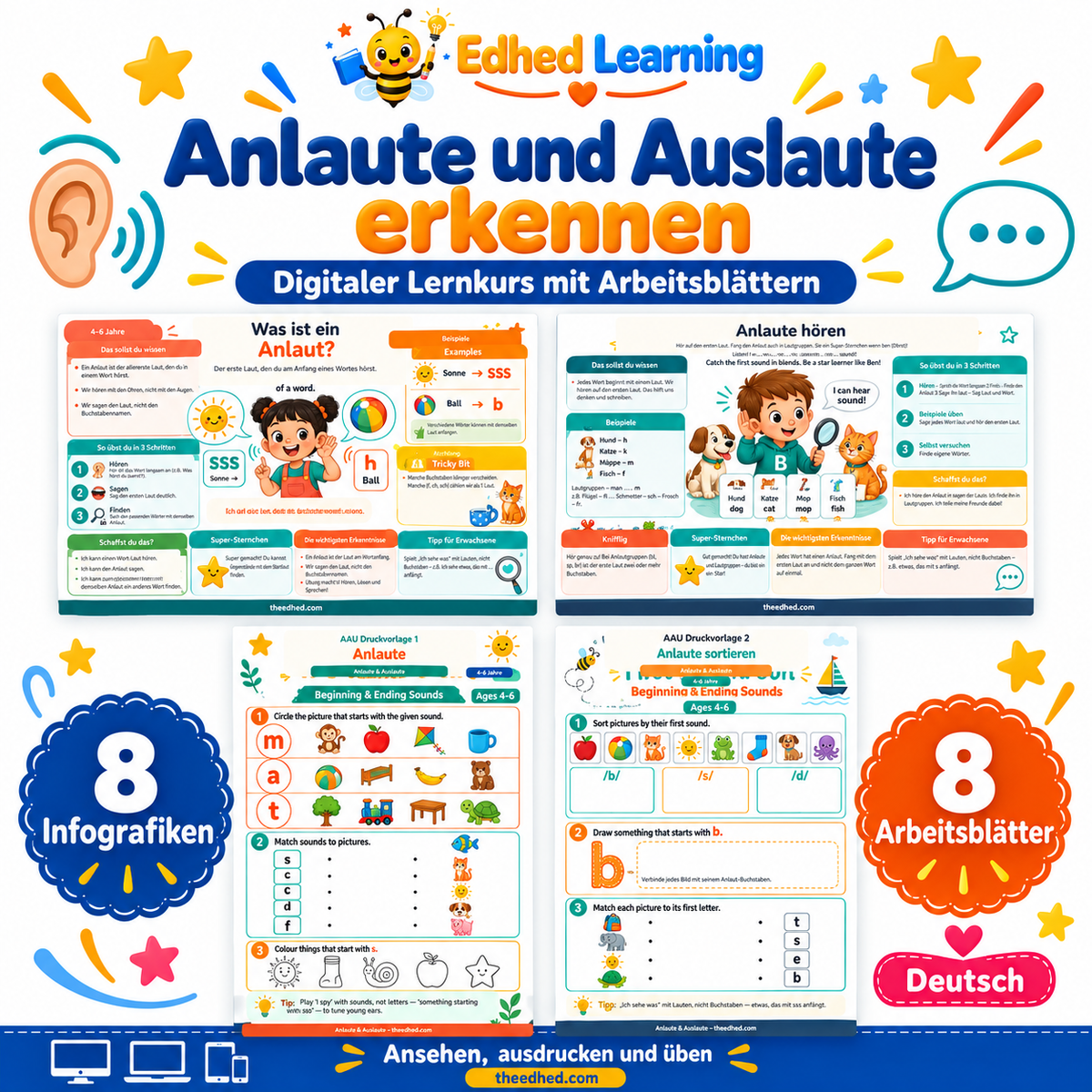 Anlaute und Auslaute erkennen: Edhed Learning Titelbild mit vier Materialvorschauen