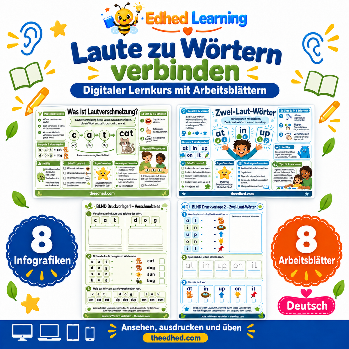 Laute zu Wörtern verbinden: Edhed Learning Titelbild mit vier Materialvorschauen