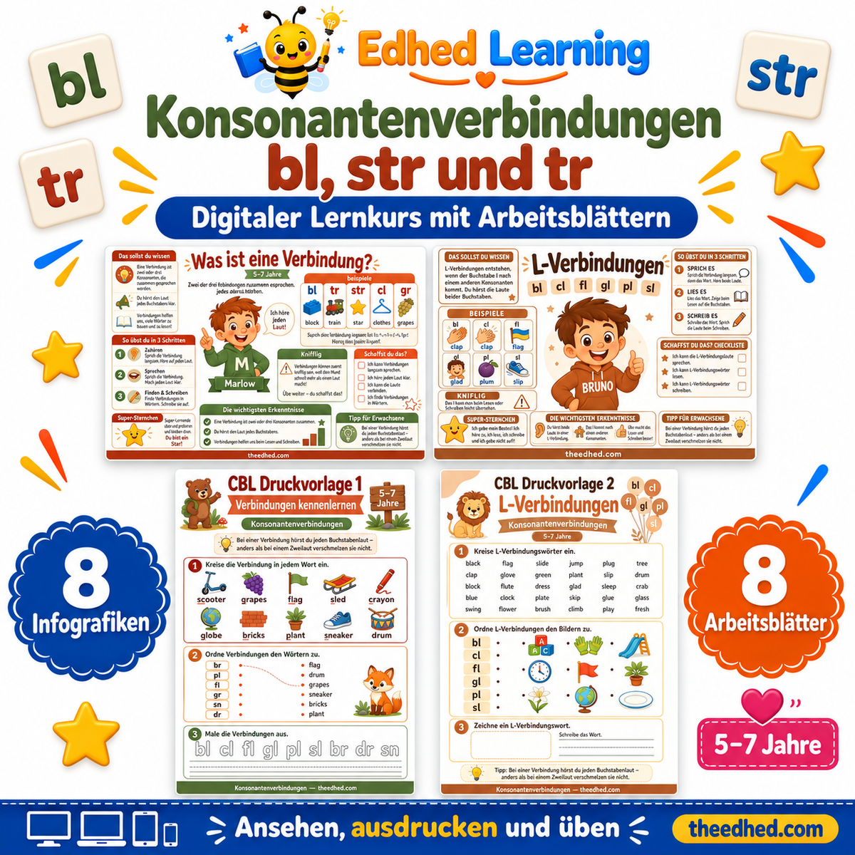 Konsonantenverbindungen: bl, str und tr: Edhed Learning Titelbild mit vier Materialvorschauen