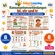 Konsonantenverbindungen: bl, str und tr: Edhed Learning Titelbild mit vier Materialvorschauen