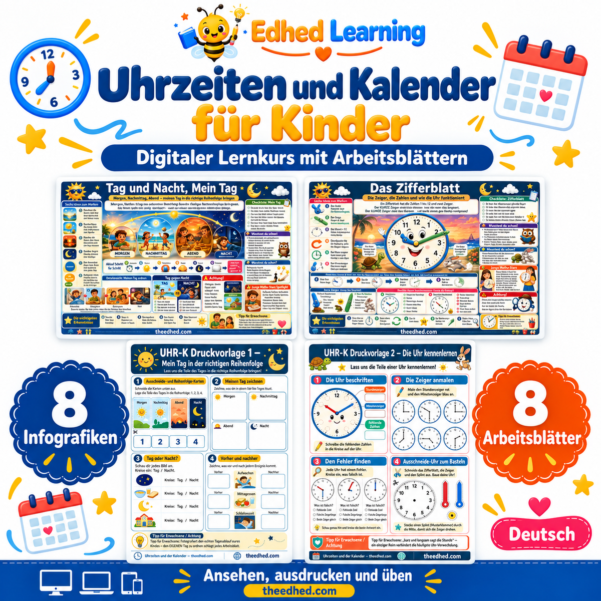 Uhrzeiten und Kalender für Kinder: Edhed Learning Titelbild mit vier Materialvorschauen