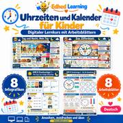 Uhrzeiten und Kalender für Kinder: Edhed Learning Titelbild mit vier Materialvorschauen