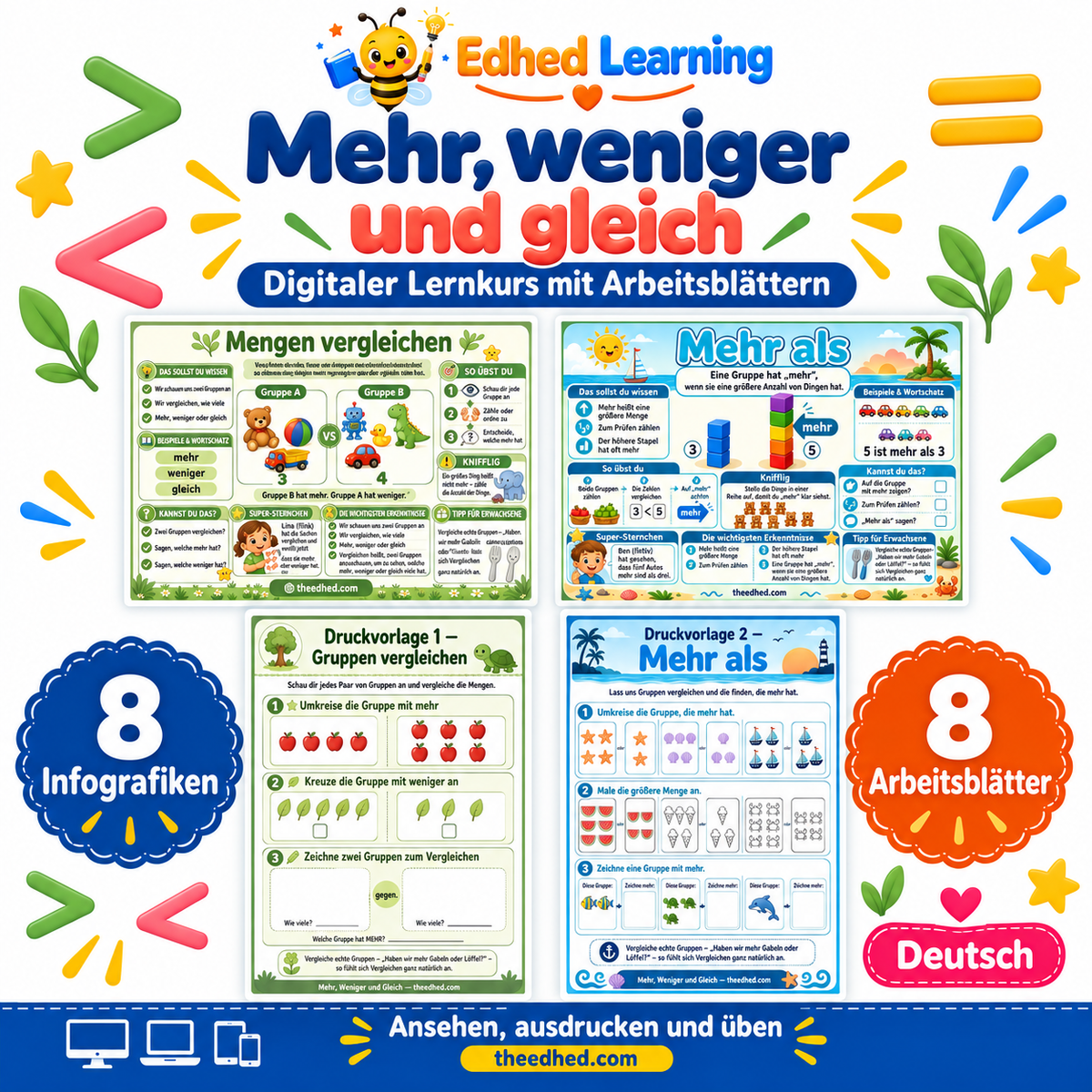 Mehr, weniger und gleich: Edhed Learning Titelbild mit vier Materialvorschauen